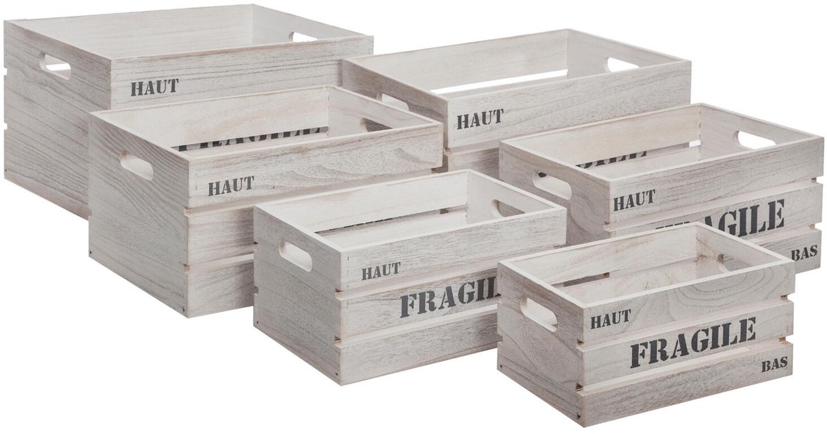 Atmosphera Opbergkisten set Ylias - 6x stuks - hout - whitewash - decoratief - vintage look