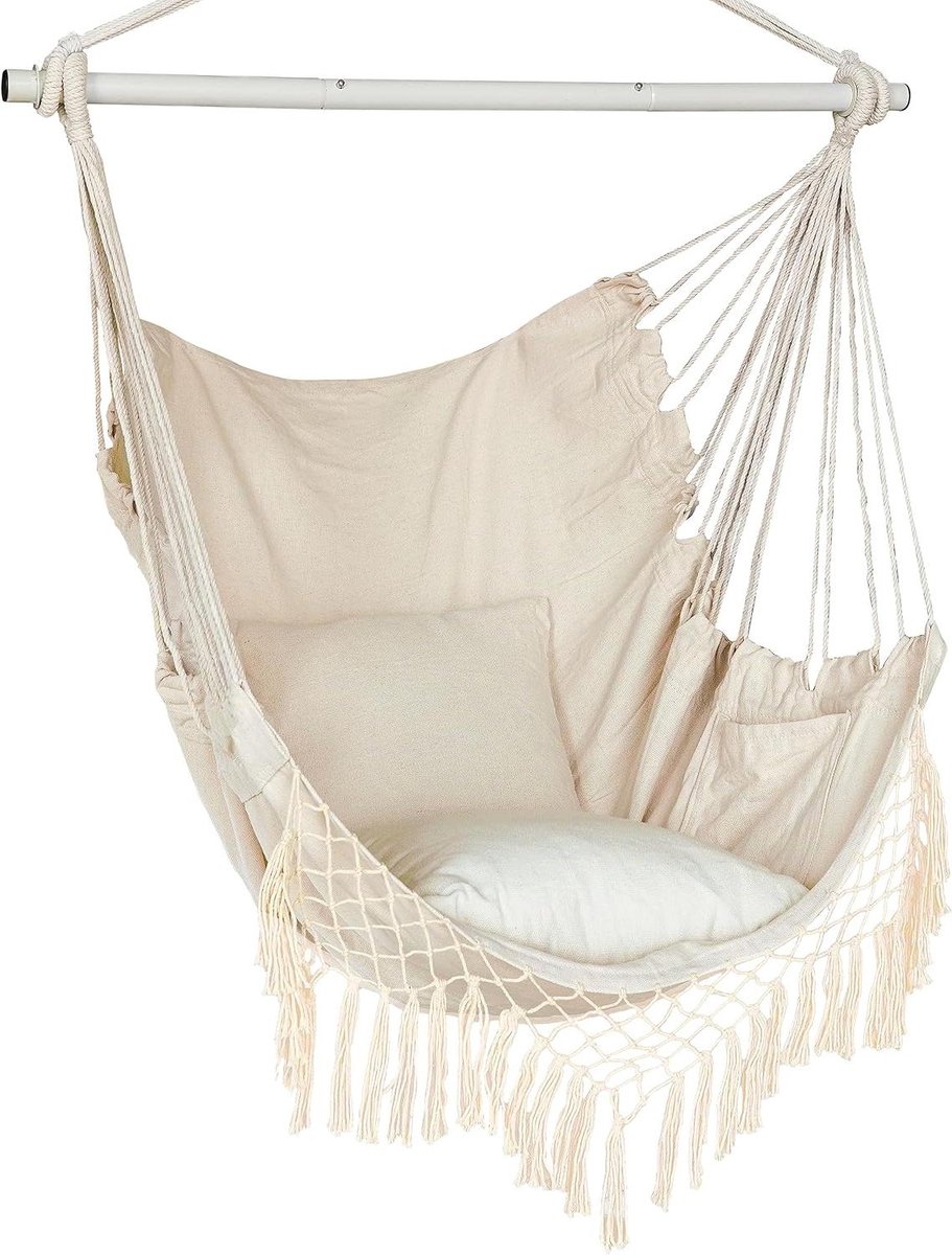 Hangmat Stoel - Schommelstoel Buiten - Ontspannen Lezen - Met Zijvak - 350 pond - Beige