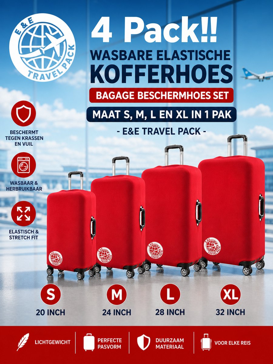 4 Pack!! Wasbare Elastische Kofferhoes Bagage Beschermhoes Set Maat S,M,L en XL in 1 Pak-E&E Travel Pack-Reis kofferhoes, Protector Cover Kofferhoes, bagagehoes,vakantie, reizen, koffer (20-32 inch), vliegentuig Travel Pack/ROOD/BLAUW/ZWART