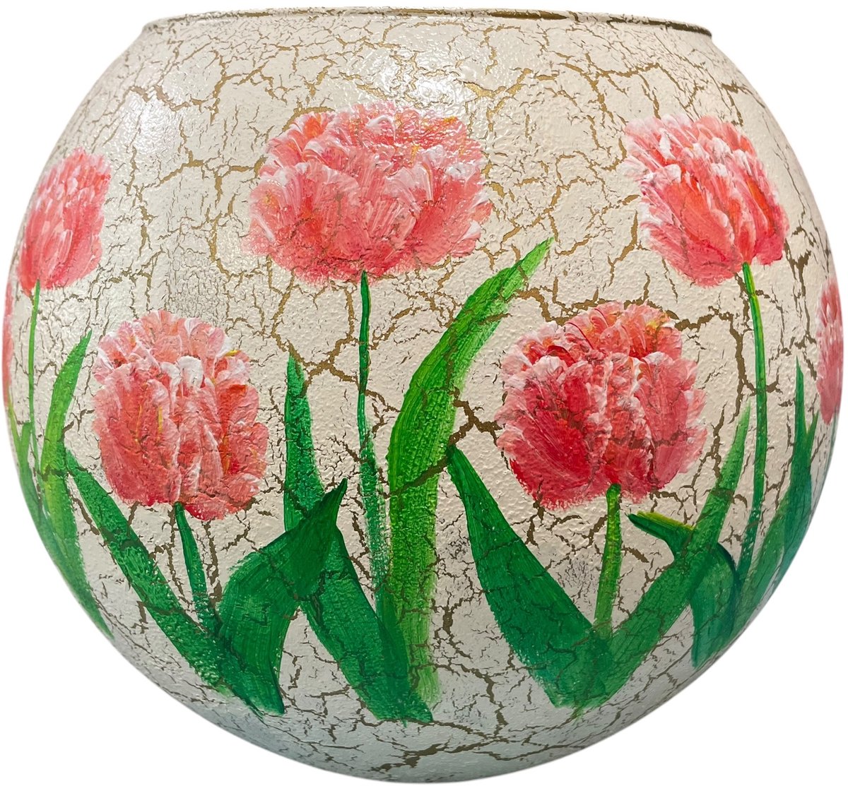 Handbeschilderde vaas met tulpen – Riek van de Bor – Unieke glazen sier vaas 21,5 cm hoog