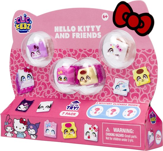 Verpakking met Hello Kitty en Vrienden Clickeez, 7 stuks. Roze verpakking met verschillende Hello Kitty figuren.