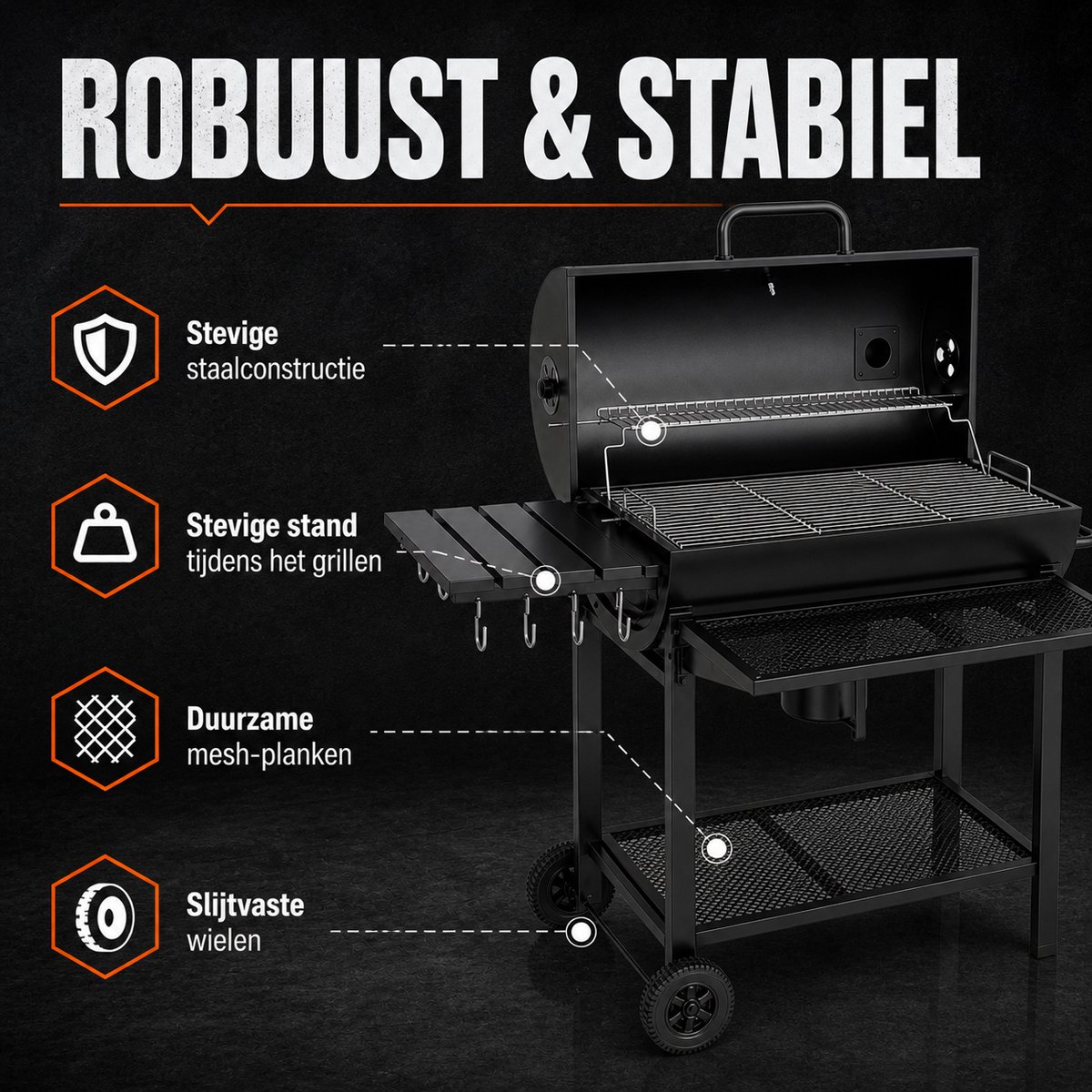 Houtskool BBQ - Smoker Barbecue XL - BBQ met Wielen - 70x37cm Grilloppervlak - Zijpanelen - Zwart – foto 8