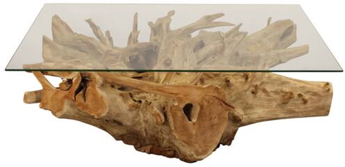 Rechthoekige wortelhouten salontafel met glas – 125 cm