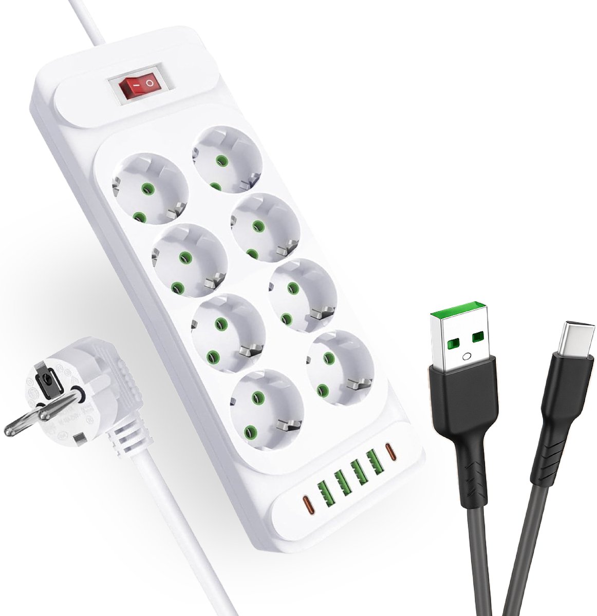 intplus+ Power Brick - 3 Meter Stekkerdoos met USB en Schakelaar - 8 Stopcontacten en 6 USB-Poorten – 4x USB-A en 2x USB-C, Snelladen, Overspanningsbeveiliging, Kinderveilig – 2500W - Wit