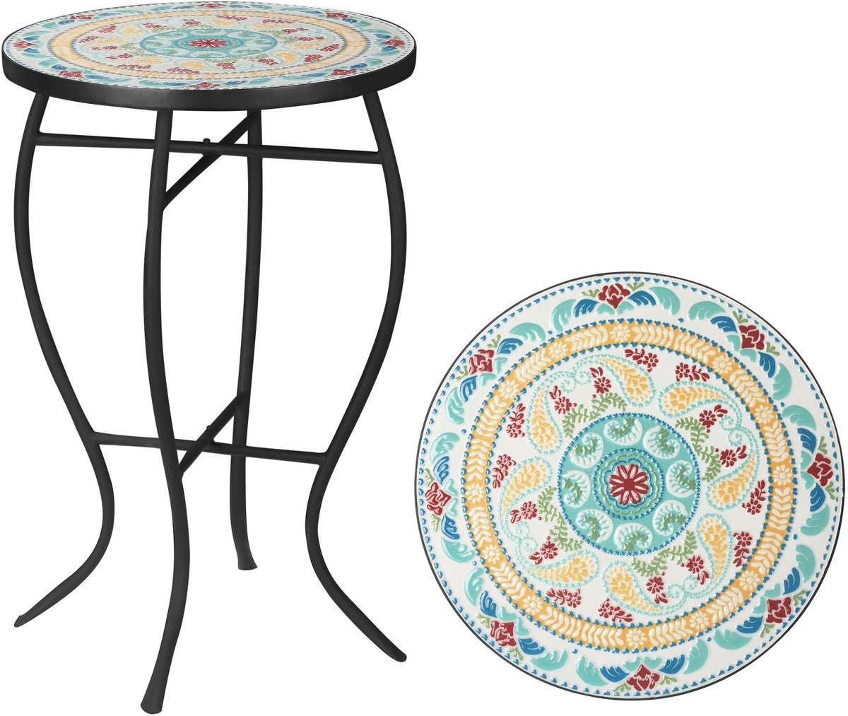 Ronde tuintafel, bijzettafel met mozaïekpatroon en metalen poten voor in de tuin, op het t