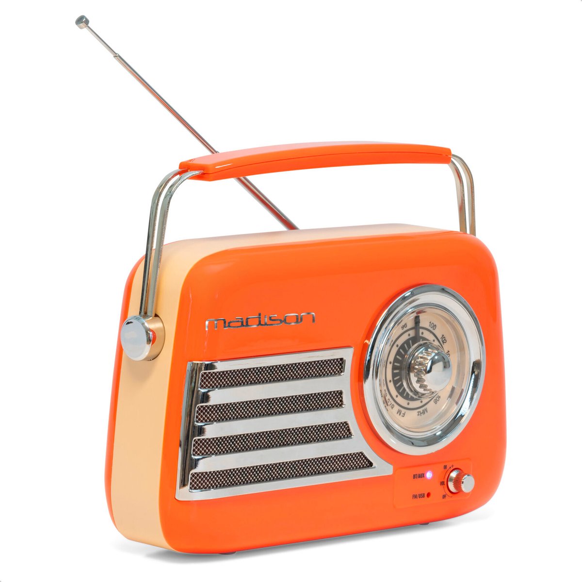 Madison - FREESOUND-VR40OR - Vintage Radio 30W op Batterij - Bluetooth, FM, USB, AUX, Subwoofer - Oranje