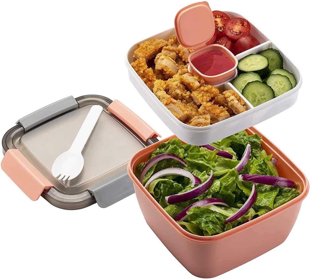 VHV - Broodtrommel - Lunchbox - Broodtrommel kinderen - Lunchbox volwassenen - Saladebox met verdeeld compartiment - 1100 ml - Voor volwassenen en kinderen -Magnetronbestendige - Voor school - Werk - Picknick - Reizen - Roze
