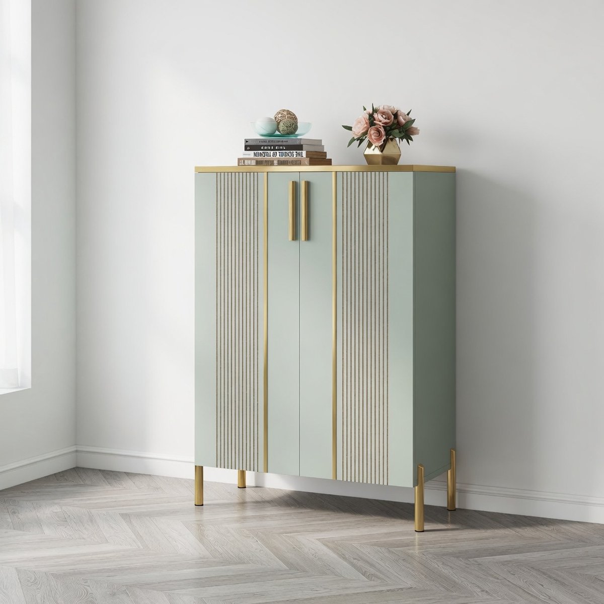 Shoe Cabinet with Doors, 6 Tier Shoe Storage Cabinet with Adjustable Shelves, Wooden Shoe Rack Shoe Organizer for Entrance Hallway Closet Living Room Light Green-Ganeey