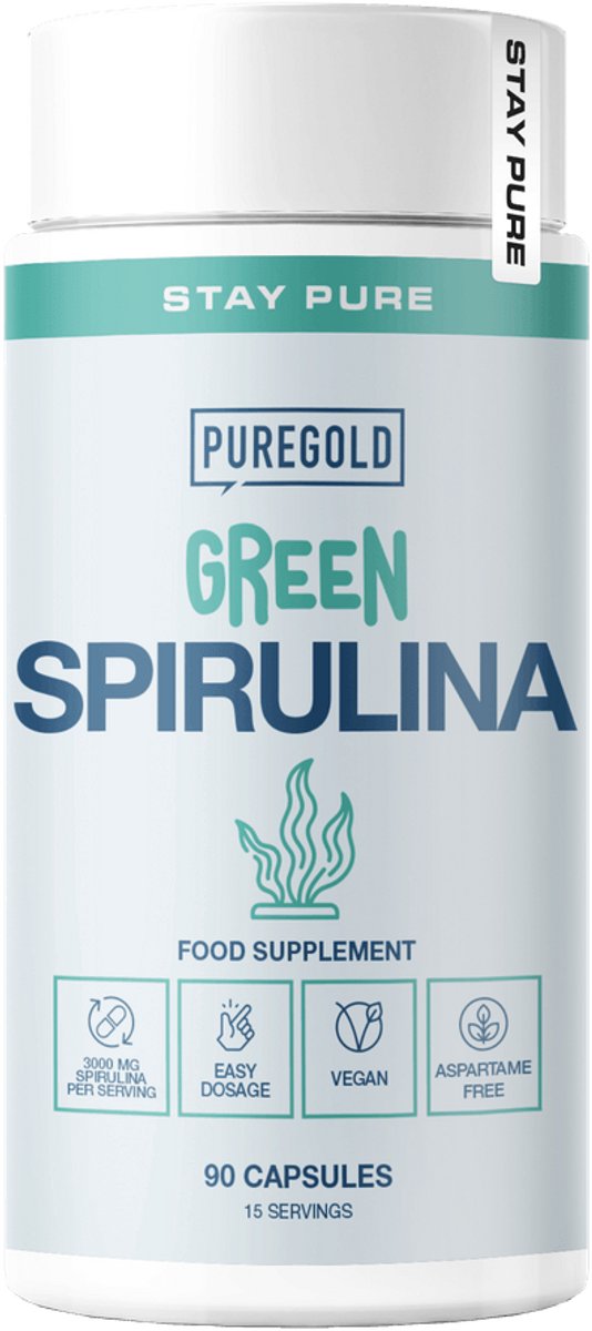 Pure Gold Green Spirulina – 90 Capsules – 15 Porties – Spirulina Poeder 3000 mg per Portie (Spirulina platensis) – Vegan