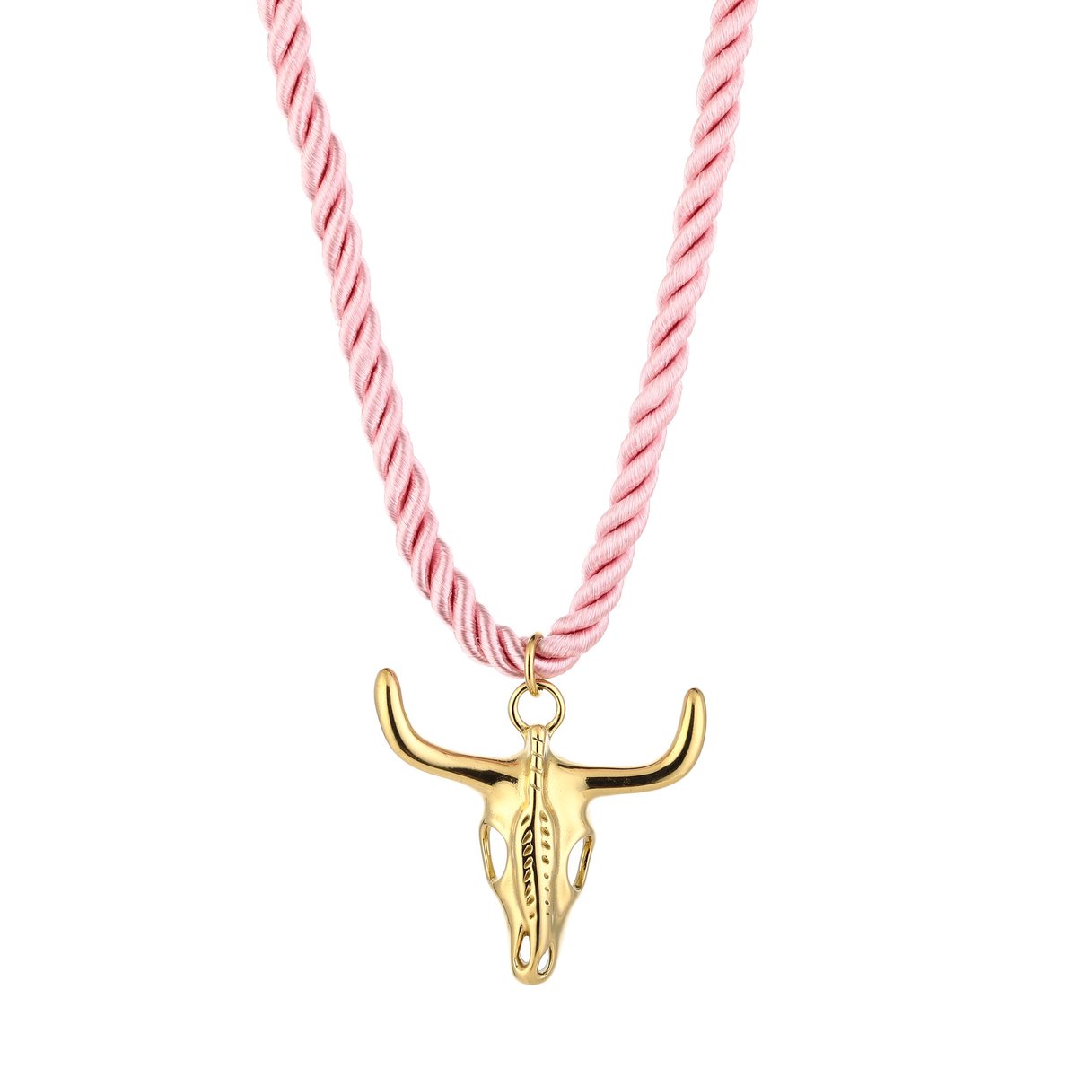 She life style - gouden stierschedel hanger aan een roze touwketting - Roze