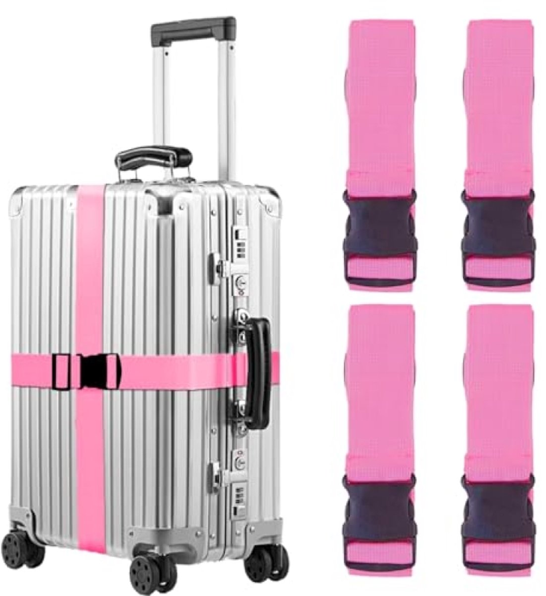 4-delige set bagageriemen voor koffers, versterkte heavy-duty riemen, verstelbare reisriemen (Roze)