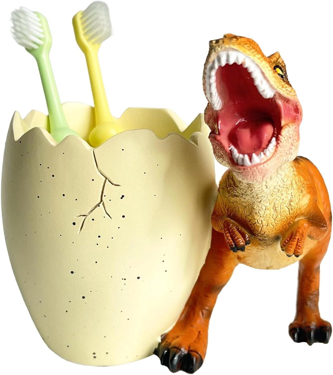 Dinosaurus Tandenborstelhouder - Badkamer Accessoire - Kinderen Tandenpoetsen - Stevige Hars - 11x12.5 cm - Kleur bloem