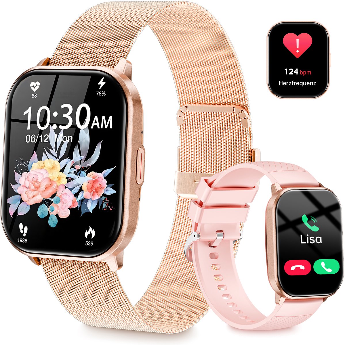 Smartwatch voor dames en heren – met belfunctie en sms-ontvangst – Bluetooth 5.3 fitnesshorloge – IP67 waterdicht sporthorloge – met bloedzuurstof, hartslag, slaapkwaliteit, stappenteller en muziekbediening – roségoud (siliconen band + stalen band)