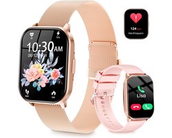 Smartwatch - Belfunctie - Sporthorloge voor dames - Waterbestendig voor dagelijks gebruik - Met hartslagmeting, slaapmonitoring, stappenteller en muziekbediening - Compatibel met Android- en iOS-systemen - Roségoud (siliconen bandje + stalen bandje)
