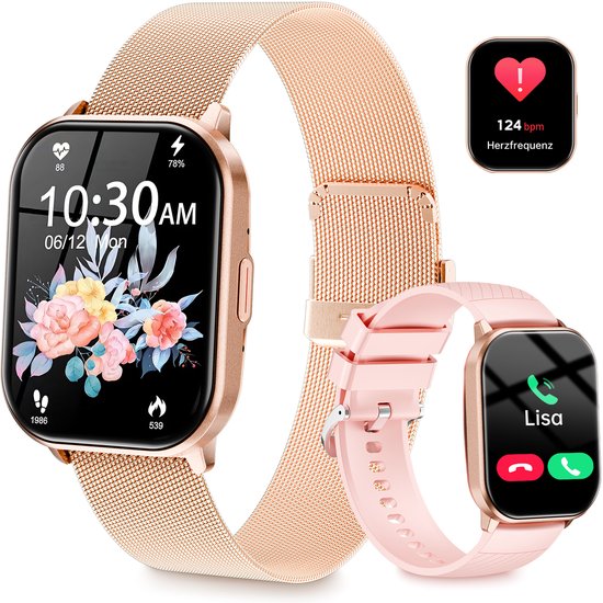 Smartwatch - Belfunctie - Sporthorloge voor dames - Waterbestendig voor dagelijks gebruik - Met hartslagmeting, slaapmonitoring, stappenteller en muziekbediening - Compatibel met Android- en iOS-systemen - Roségoud (siliconen bandje + stalen bandje)