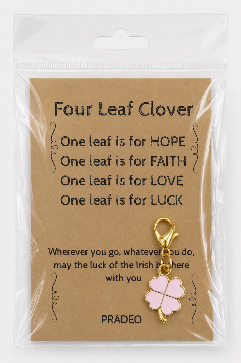 Pradeo - Klavertje Vier Sleutelhanger - Gelukshanger - Hangertje - Klavertje 4 - Four Leaf Clover - Key Chain - Pocket Hug - Klein Cadeau / Geschenk - Met Kaartje Met Tekst - Licht Roze