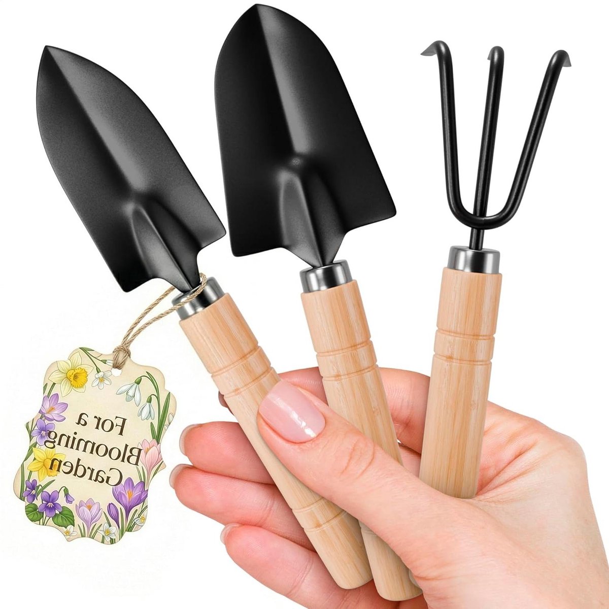 Tuingereedschap Set - Mini Handgereedschap - Bloemen Verplanten - Houten Handvat - 3 Delig - Zwart
