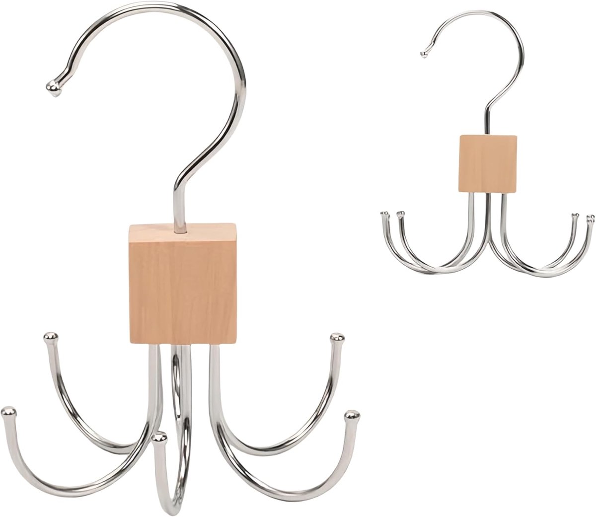 360° Draaibare 6-Klauw Multifunctionele Haak - 2 Stuks - Kast Hangende Organizer Voor Kleding - Hoeden - Sjaals En Riemen - Roestvrij Staal - Voor Keuken, Badkamer, Kantoor En Thuis - Natuurlijke Houtkleur - Afmeting 14x9 cm
