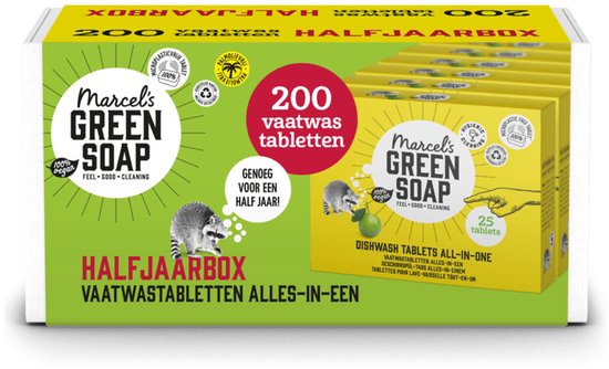 Gele 'Halfjaarbox' met 200 vaatwastabletten, met afbeelding van wasberen.