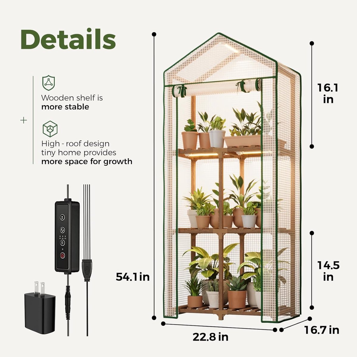 Mini Kas met Groeiverlichting - Plantenrek Binnen & Buiten - 3-Laags Kweekkas - Kweekrek met LED-verlichting - Plantenkas met PE Deksel - Compacte Broeikas - Voor Terras & Woonkamer - Boho Decoratie - Inclusief Groeilampen - Warmtehuis – foto 6