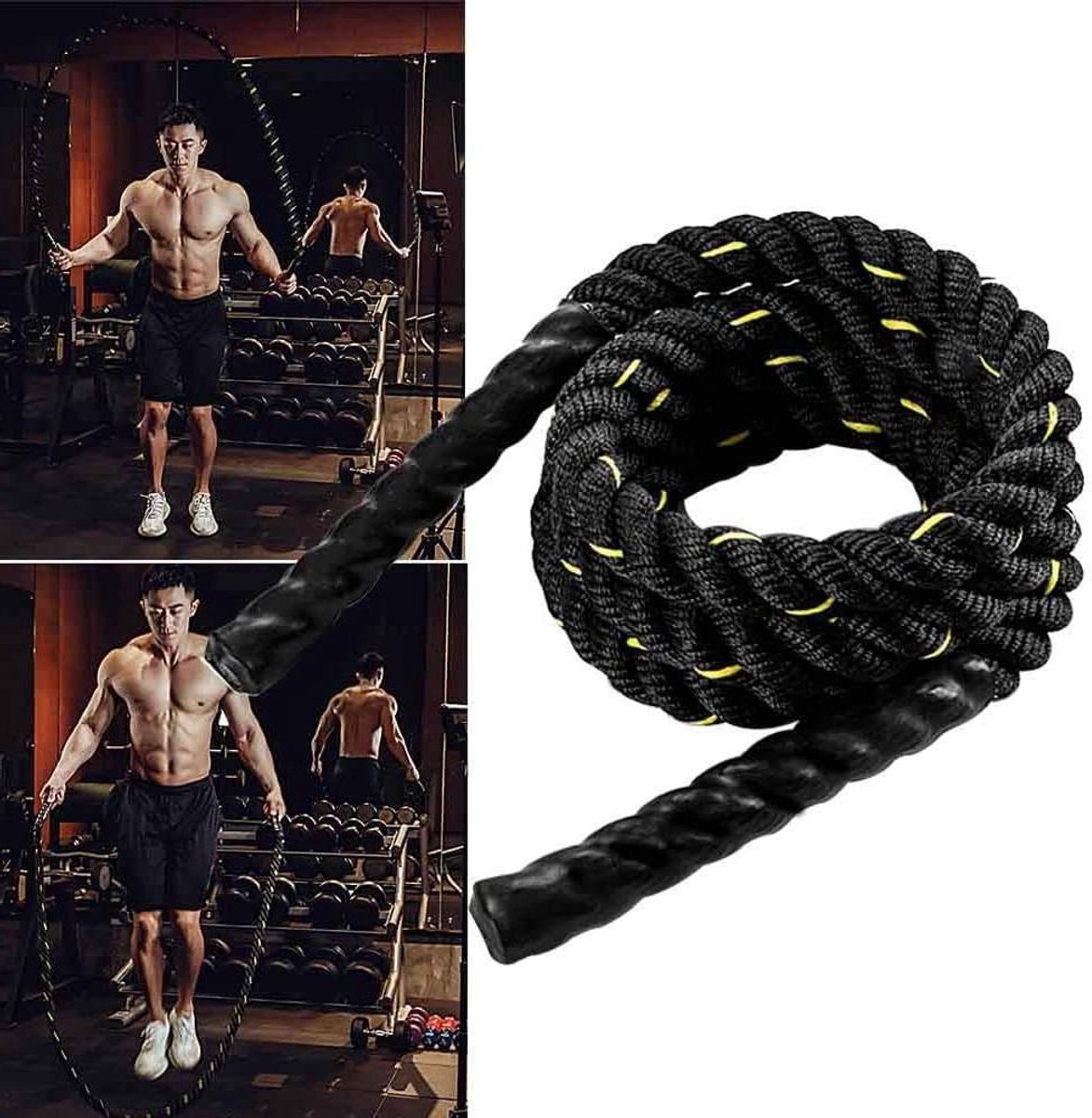 Springtouw Workout Touw - Battle Ropes Krachttouw - Total Body Training - Versterkt Spieren - 3 meter - Zwart