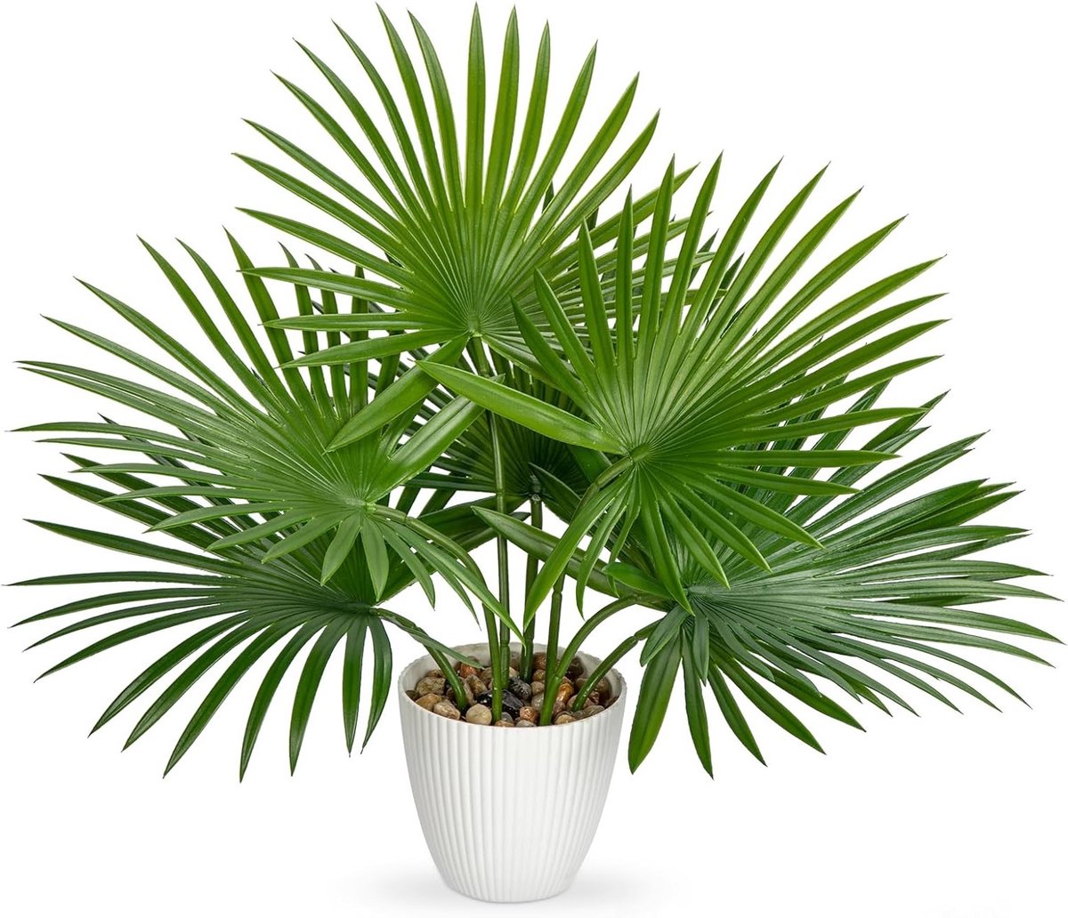 Kunstpalmplant in Pot van 38 cm met 7 Realistische Bladeren voor Binnenhuisdecoratie, Tropische Nepplant voor Woonkamer, Badkamer en Keuken Decoratie