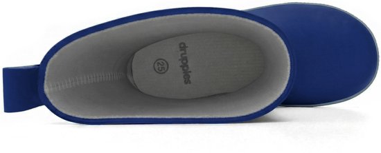Bovenaanzicht van een donkerblauwe Druppies regenlaars met grijze voering en logo.