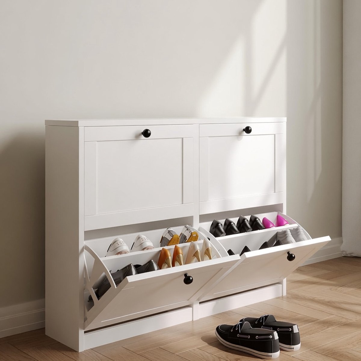Shoe Cabinet with 4 Flaps, Shoe Cabinet Narrow Shoe Rack with 8 Compartments, Adjustable Shoe Rack, 105 x 24 x 80 cm, Anti-Tilt Device for Entrance, Hallway, White-Ganeey