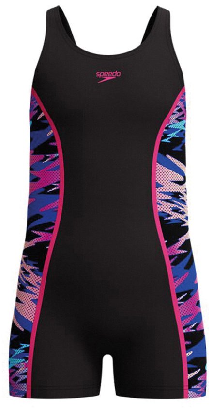 Zwart Speedo zwempak voor meisjes met aan de zijkanten een opvallende camouflageprint in blauw, roze en beige.