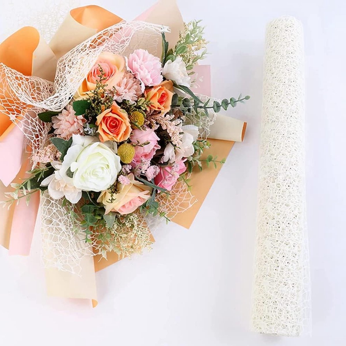 Elegante Jacquard Net Gauze Bloemenwikkelpapier - 2 Rollen voor Boeketten en Verse Bloemen, 50cm x 5 Yard (Milky White)