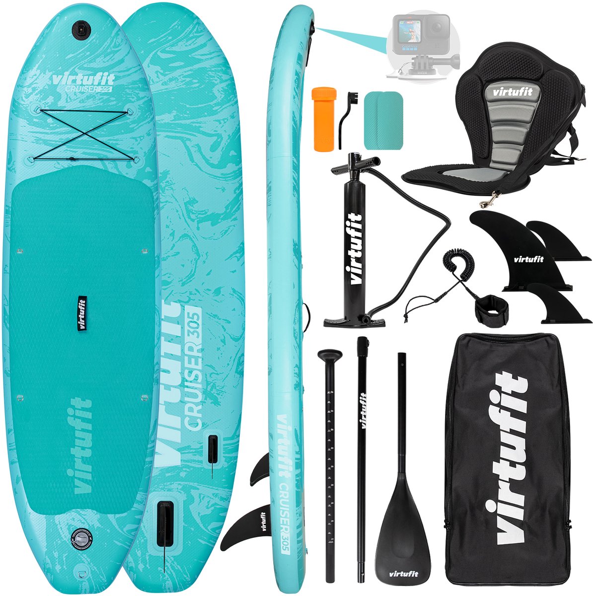 Bol.com VirtuFit Cruiser Opblaasbaar SUP Board 305 cm - Max. 180 kg - Complete Set - Incl. Kajak Zitje, Peddel, Pomp, Tas & GoPr... aanbieding