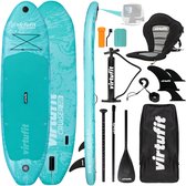 Complete VirtuFit Cruiser 305 SUP set in het turkoois. Bevat 2 boards, zitje, peddel, pomp, tas, vin, reparatieset en enkelband. Tekst 'Volledige All-in-One Set' staat in beeld.
