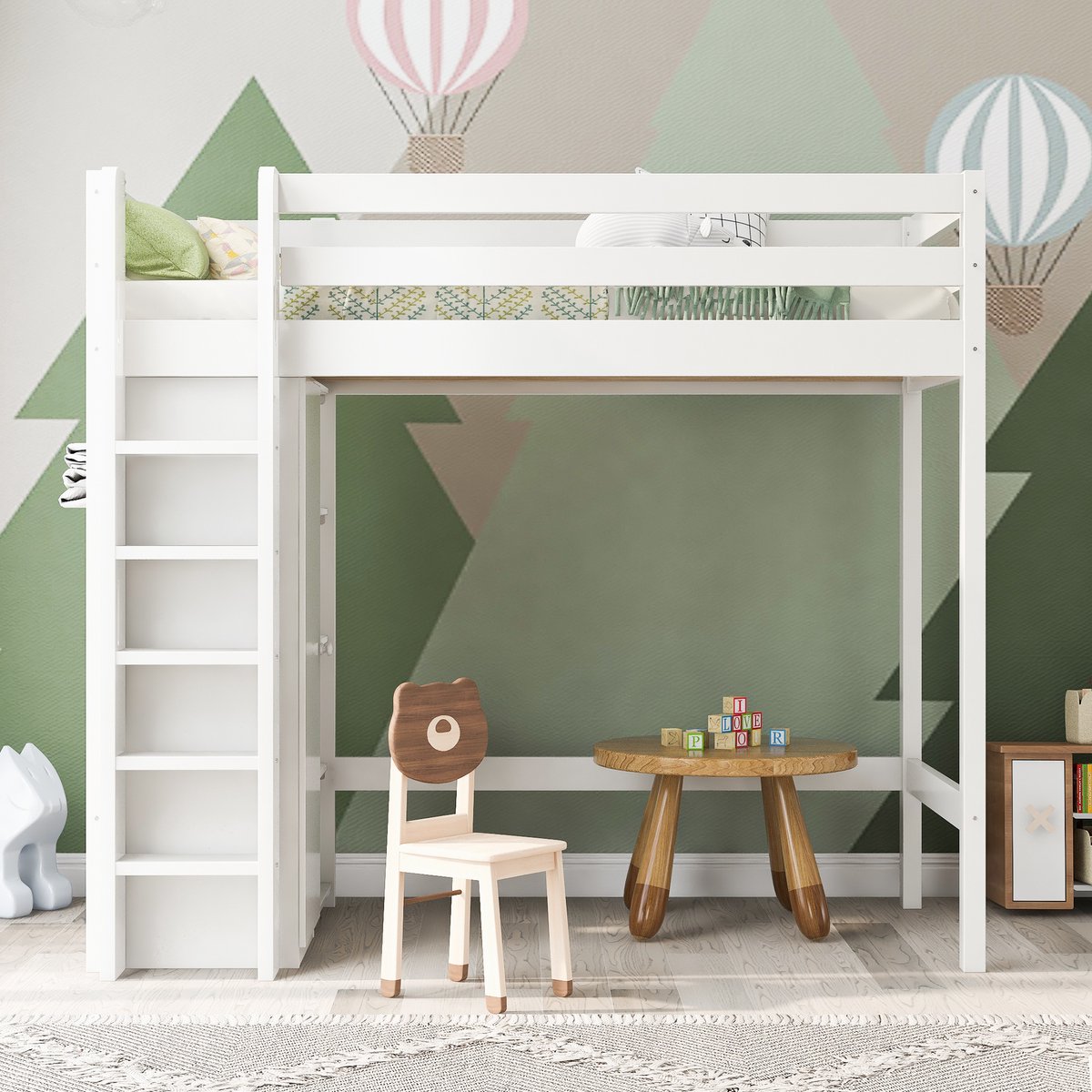 VVBV Ruimtebesparende Hoogslaper 90x200 cm met Planken, Voor Kinderen/Tieners - Kledingkast - Wit - Zonder Matras Wit | Met Kledingkast