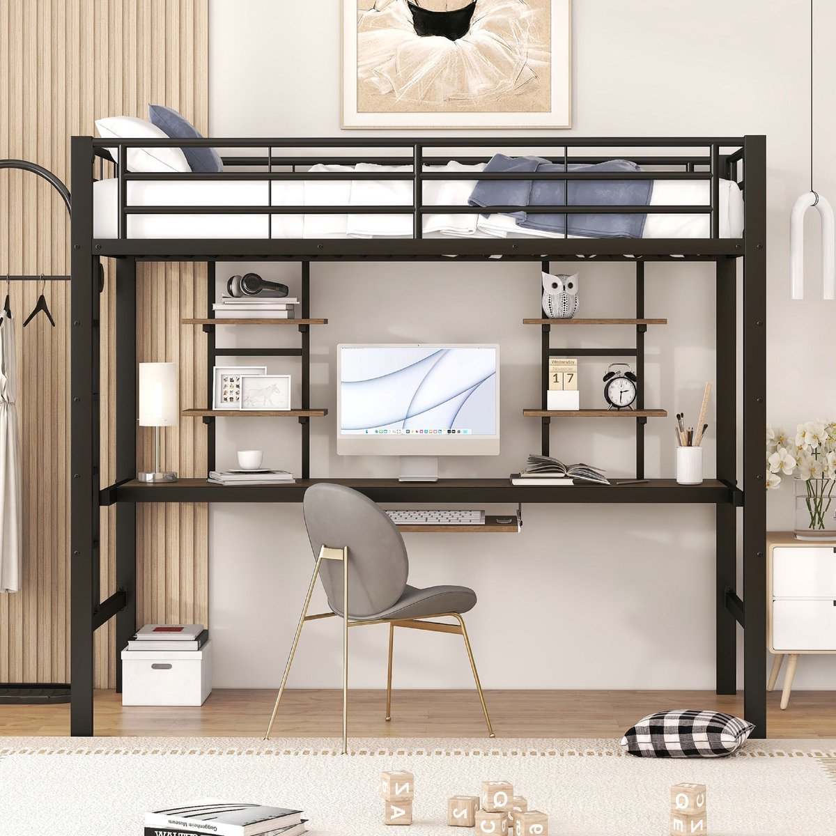 VVBV Hoogslaper 90x200 met Bureau – Opbergrekken – Metalen Frame – Zwart – Voor Kinderen en Tieners – Hoogslaper met Trap – Ladder