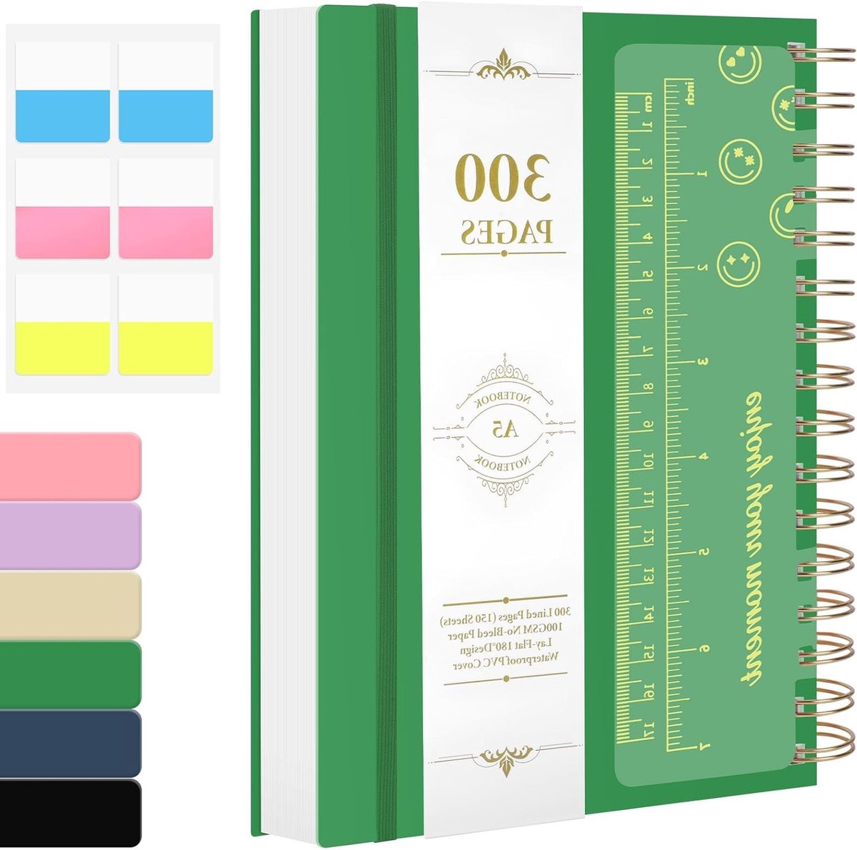 A5 hardcover notitieboek met 300 pagina's, 100gsm gelijnd papier, elastische band en stickerblad voor schrijven, werken en studeren (Groen)