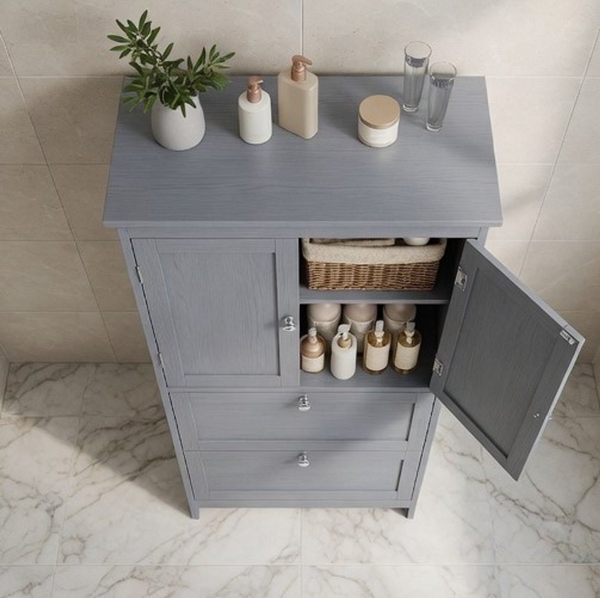 Badkamerkast met 2 Deuren en 2 Laden – Multifunctionele Opbergkast 30x60x110 cm – Verstelbare Plank – Badkamer, Keuken & Woonkamer Kast – Duifgrijs Modern Design Ganeey