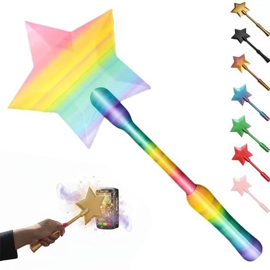 Regenboogkleurige ster toverstaf, naast andere gekleurde toverstaven.