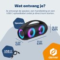 Zwarte Denver speaker met draaghendel. Twee woofers met blauw-roze lichteffecten. Afmetingen: 37 cm breed, 18.5 cm hoog, 13.3 cm diep. Inclusief USB-C kabel.