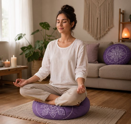 Sileya Meditatiekussen Paars Fluweel - Yogakussen- Meditatie Kussen- Rond van Merkloos — afbeelding 3