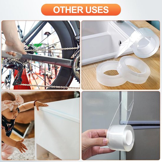 Collage van vier afbeeldingen die verschillende toepassingen van de transparante tape tonen: fietsketting, bureau-organisatie, babykamer en koelkastdeur.