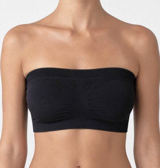 Zwarte, naadloze bandeau top met gerimpelde cups en brede, elastische boord.