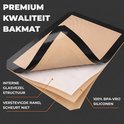 Gedetailleerde opbouw van een beige bakmat met zwarte rand, met lagen van glasvezel en BPA-vrije siliconen.