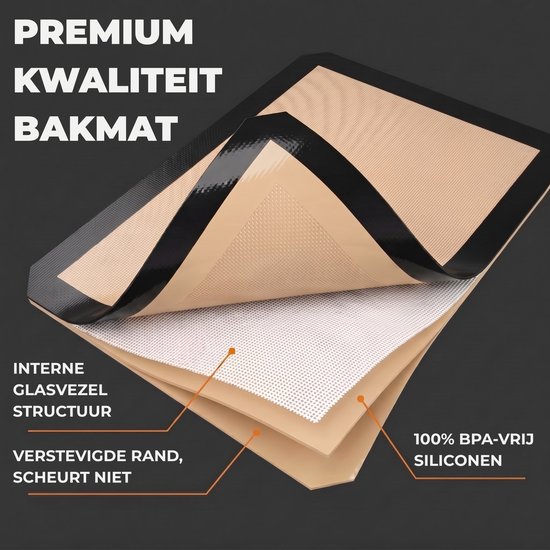 Gedetailleerde opbouw van een beige bakmat met zwarte rand, met lagen van glasvezel en BPA-vrije siliconen.
