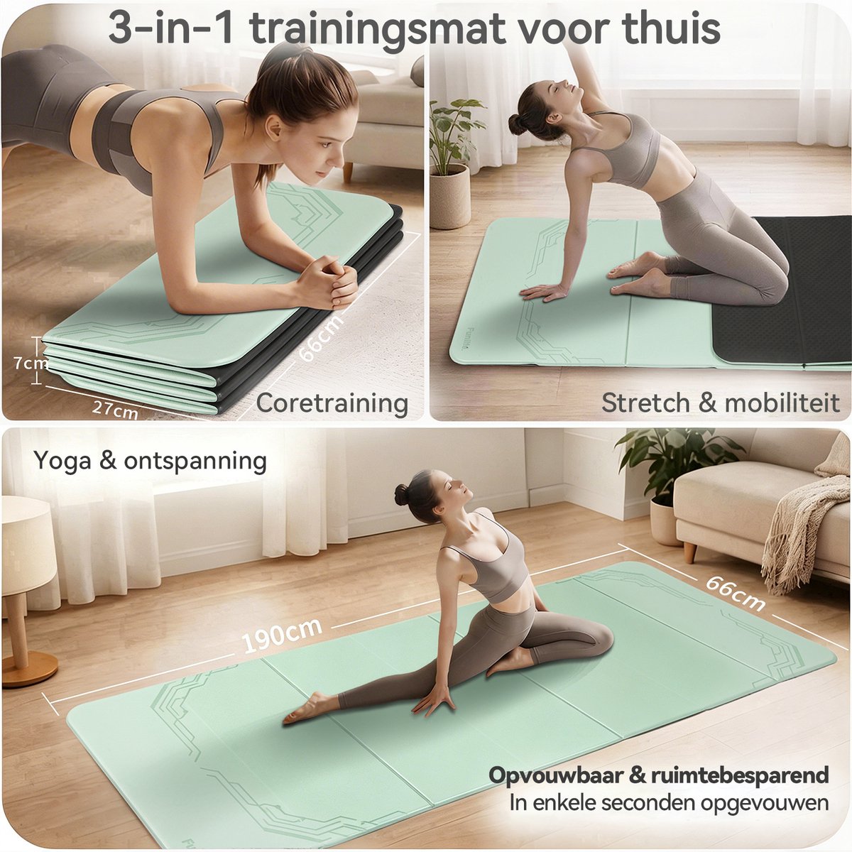 Funlife Opvouwbare Yogamat 190 x 66 cm - 10 mm Dik - Antislip Fitnessmat voor Yoga, Pilates en Thuis Workout - Matchagroen thumbnail 3