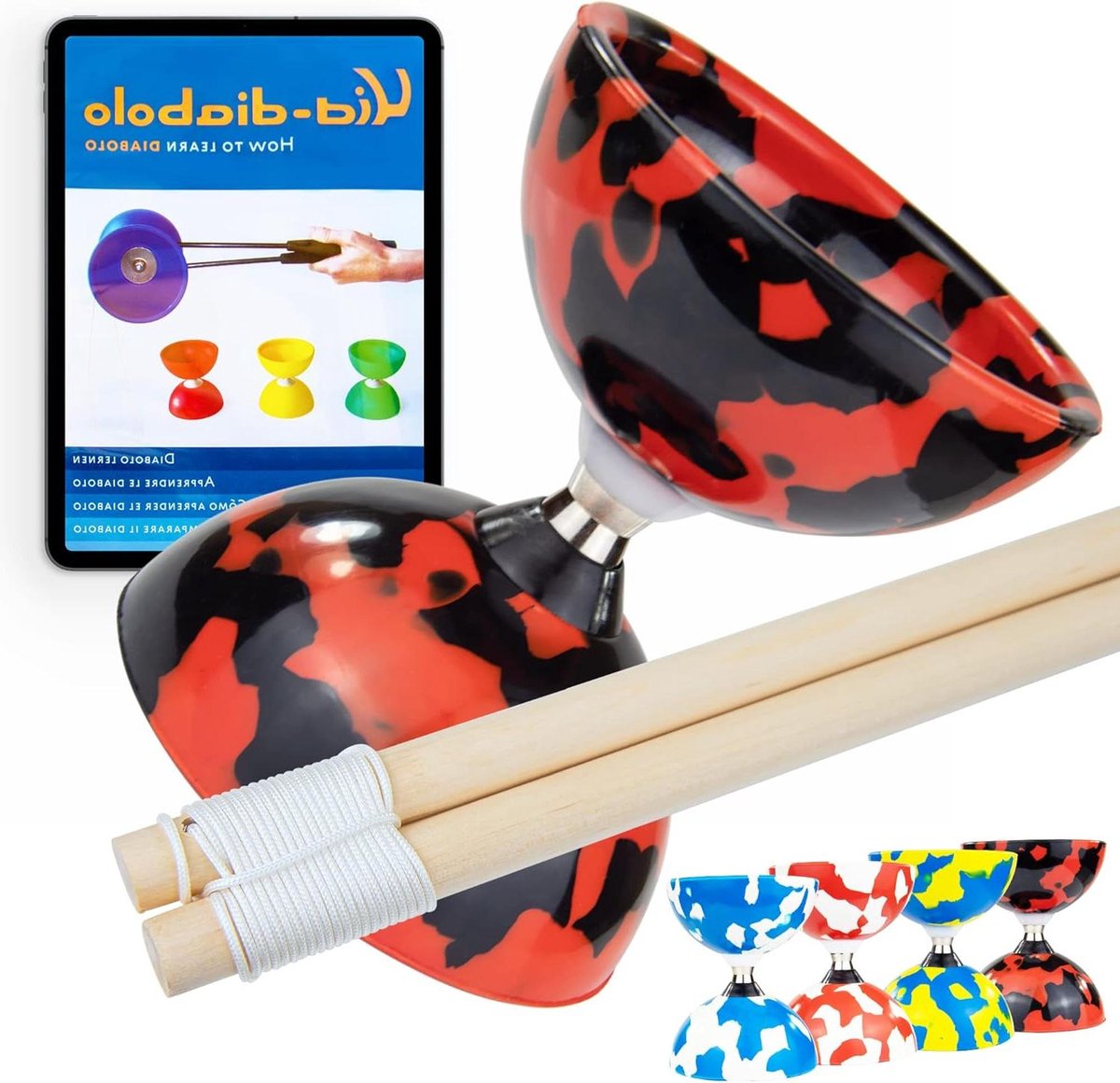 Jongleer Diabolo Set - Jongleerspeelgoed Circusspeelgoed - Nieuwe trucs leren - Kogellager As - 100 mm diameter - Zwart/Rood