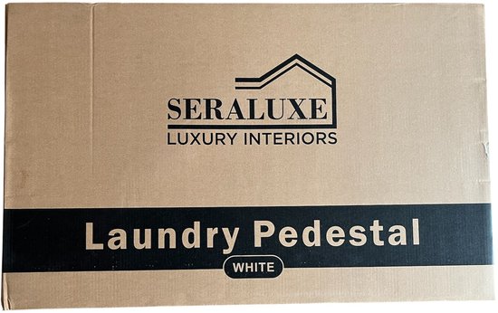 Verpakking van het witte wasmachine-opbouwmeubel met de tekst 'Laundry Pedestal' en 'WHITE'.