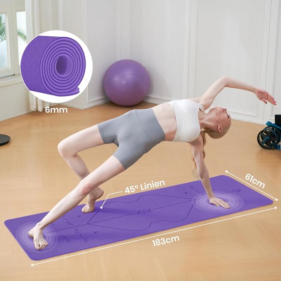 Yogamat met Lijnen - Sportmat Fitnessmat - Yoga en Pilates - Precisie Uitlijning Systeem - 183 x 61 cm - Lila van Yogamat — afbeelding 4