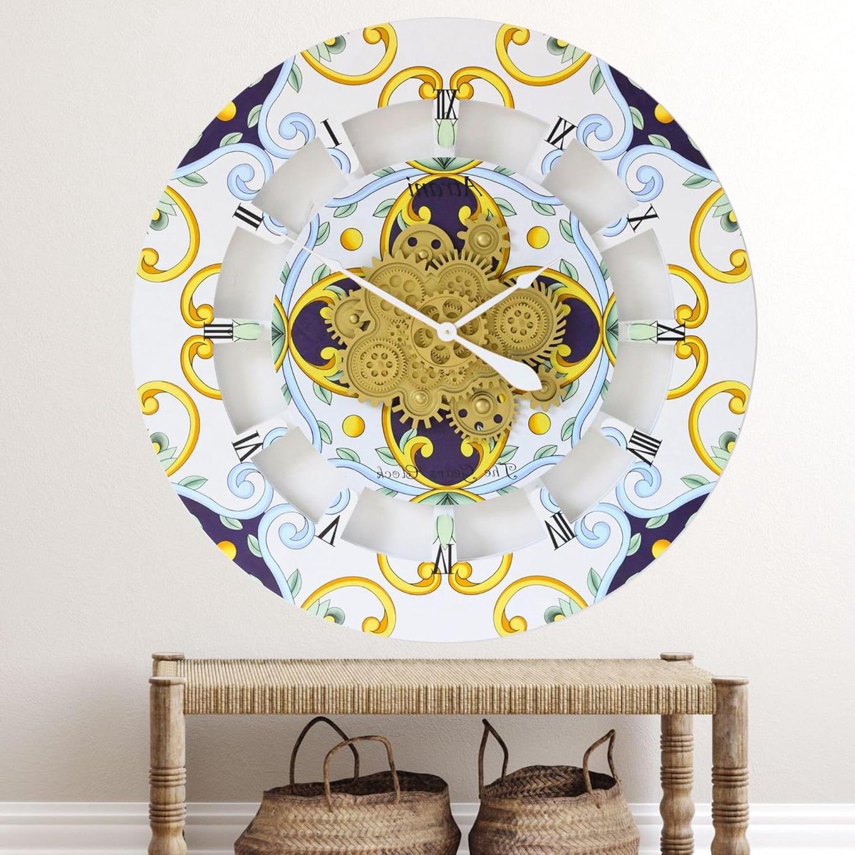 Wandklok - Klok met Tandwielen - Woonkamer Decoratie - Real Moving Gears - 36 inch Rond - Kleurrijk
