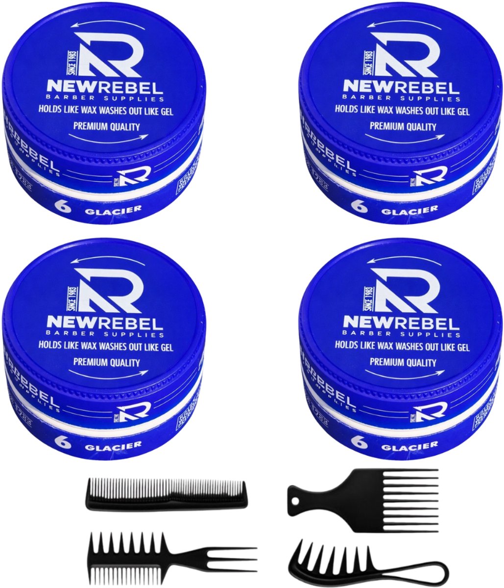 Newrebel 360 Waves Wax – Strong Hold Haarwax Pomade – Glacier Blauw – ( set van 4 ) + 4 styling kammen 600 ML