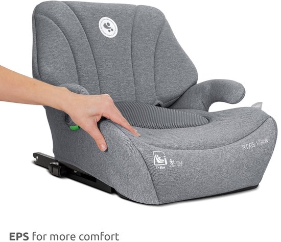 Grijze autostoel met EPS voor extra comfort. Hand wordt getoond op de zijkant.